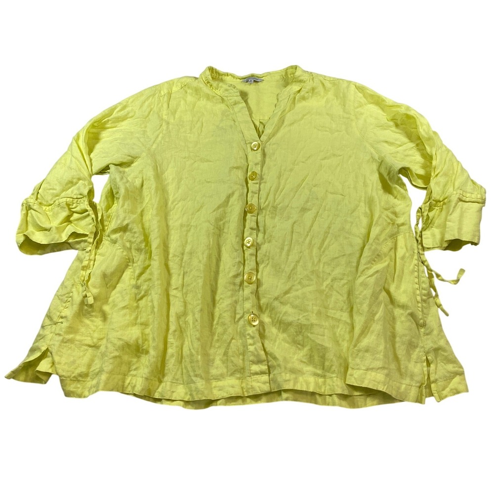John Mark Womens 3X Lime Yellow 100% Linen Side Tie Button‎ Front Blouse Top